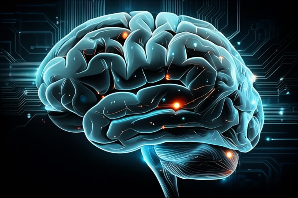A detailed, realistic illustration of an AI brain, showing interconnected neural pathways and glowing digital circuits, symbolizing artificial intelligence and advanced data processing.