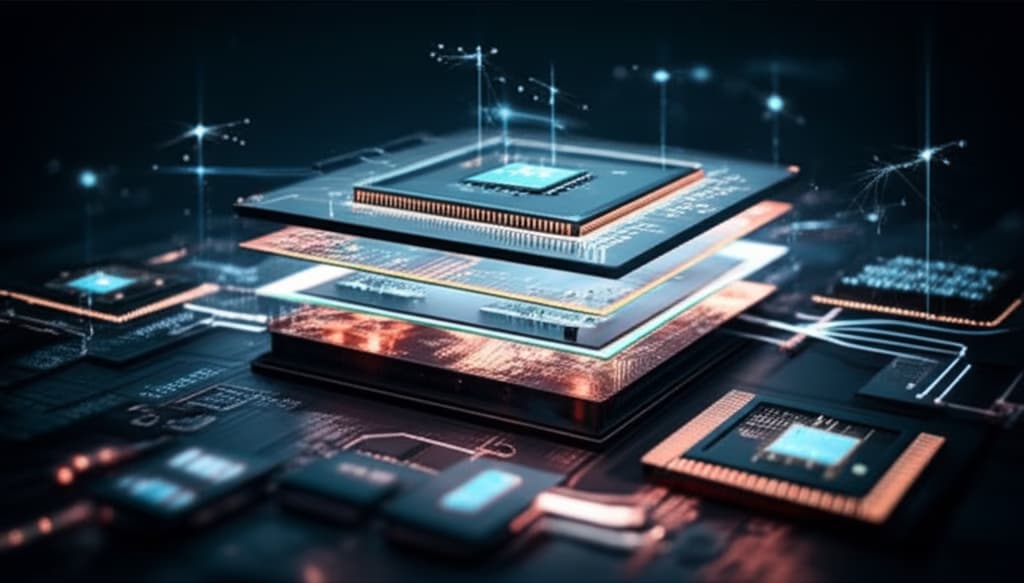 A highly detailed, realistic image depicting an AI technology stack with interconnected layers: data infrastructure, machine learning algorithms, deep learning models, and AI applications, representing the full scope of artificial intelligence technology.