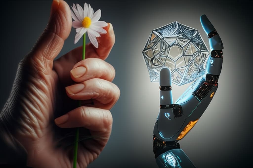A photorealistic image depicting a human hand holding a natural flower juxtaposed with a robotic hand holding a perfect geometric pattern, symbolizing the comparison between human creativity and artificial intelligence precision. AI vs human intelligence concept.