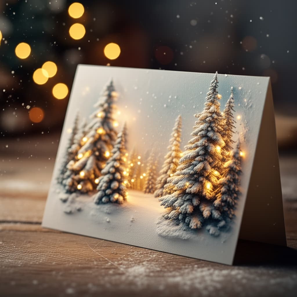 A beautifully crafted Christmas card design featuring a cozy winter scene, ideal for holiday greetings. Perfect for finding inspiration for personalized Christmas cards.