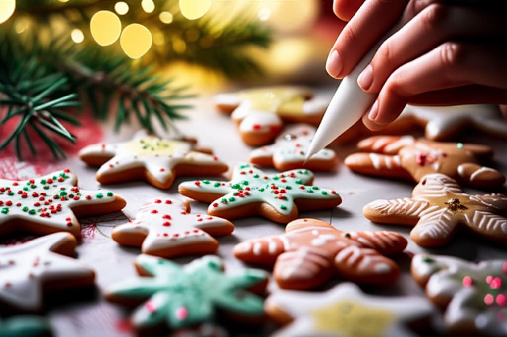 Close-up of hands meticulously decorating festive Christmas cookies with colorful royal icing and sprinkles on a wooden table, featuring gingerbread men, stars, and snowflakes, evoking a cozy holiday baking scene.
