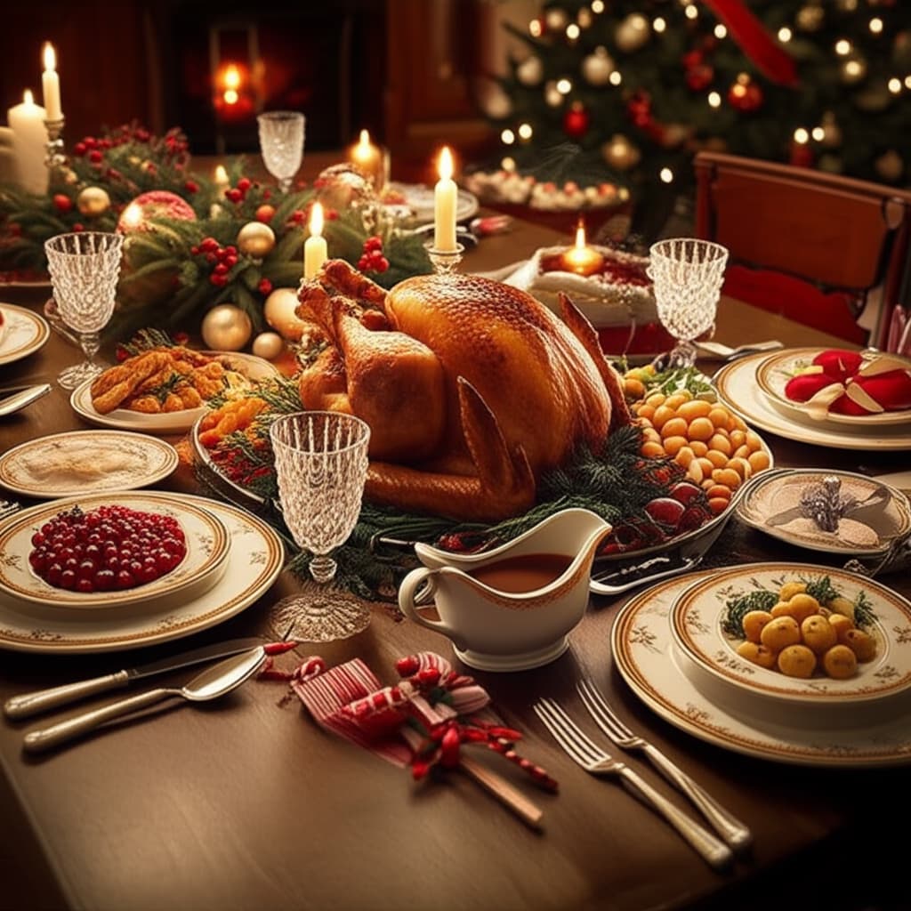 A beautifully decorated Christmas dinner table laden with traditional food and elegant settings, ready for a festive holiday meal.