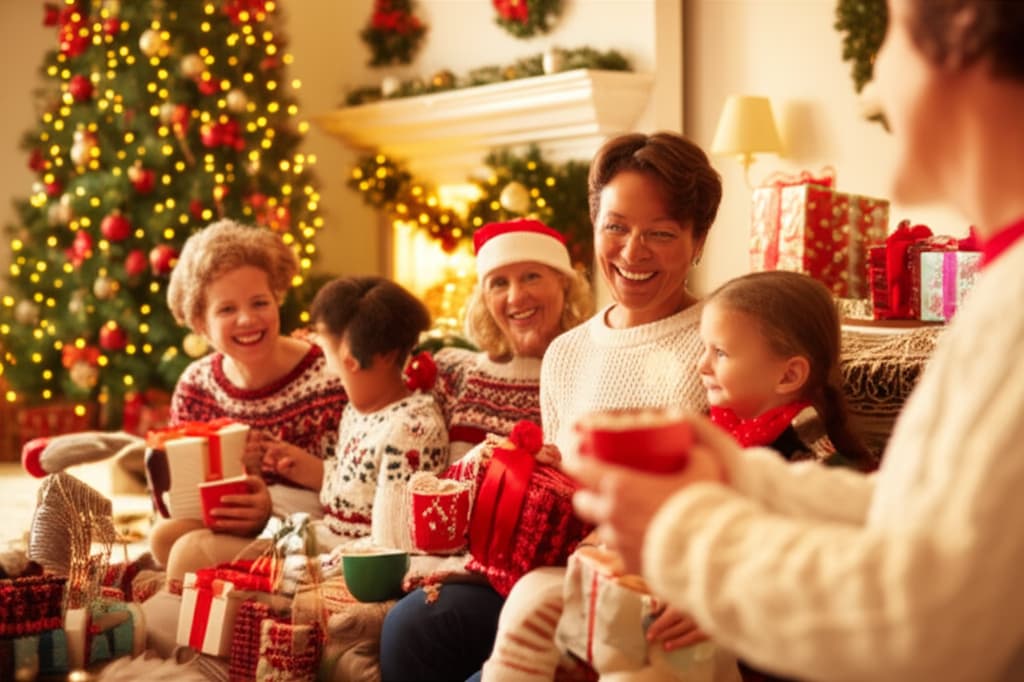 A multi-generational family smiling and laughing together in a beautifully decorated living room on Christmas, with a glowing tree and fireplace creating a warm, festive atmosphere.