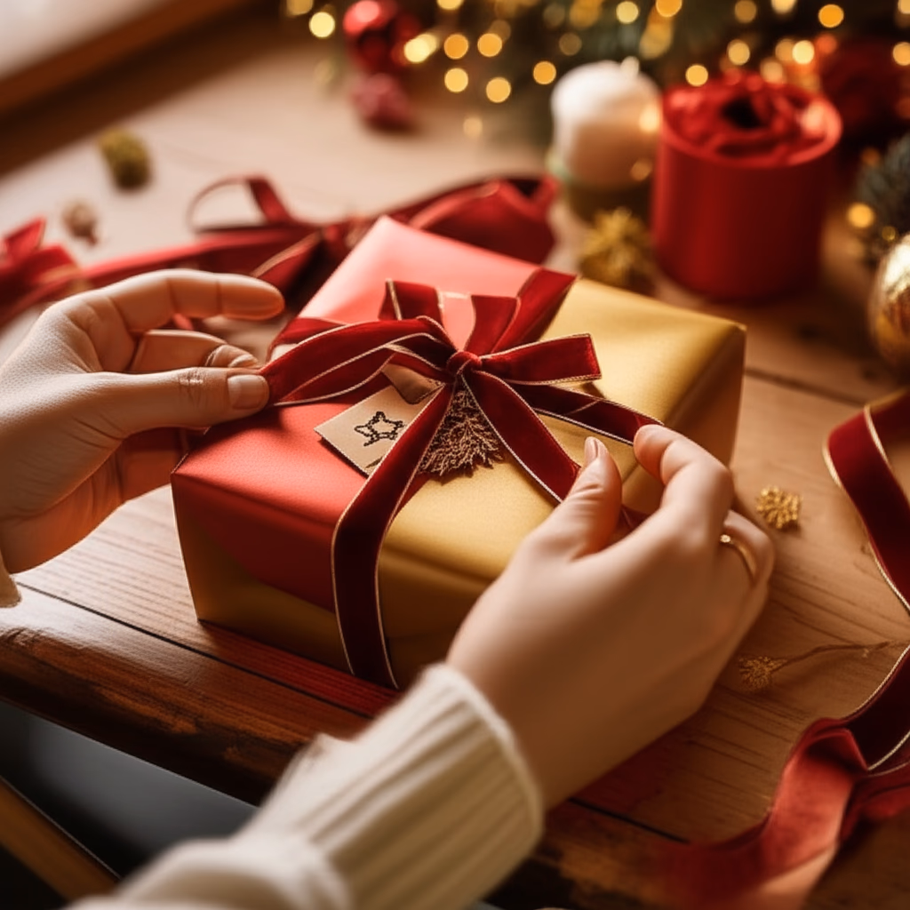 Close-up of hands carefully wrapping a Christmas gift with red paper and a gold velvet ribbon on a wooden table, surrounded by festive holiday decorations.
