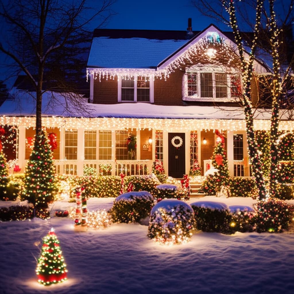 Vibrant Christmas lights display on a snow-dusted suburban house at dusk, featuring a variety of colorful string and icicle lights illuminating the festive holiday scene.