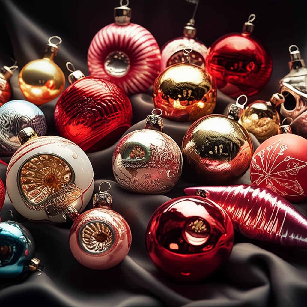 A vibrant and diverse collection of sparkling Christmas ornaments including classic baubles, unique designs, and festive holiday tree decorations arranged artistically.