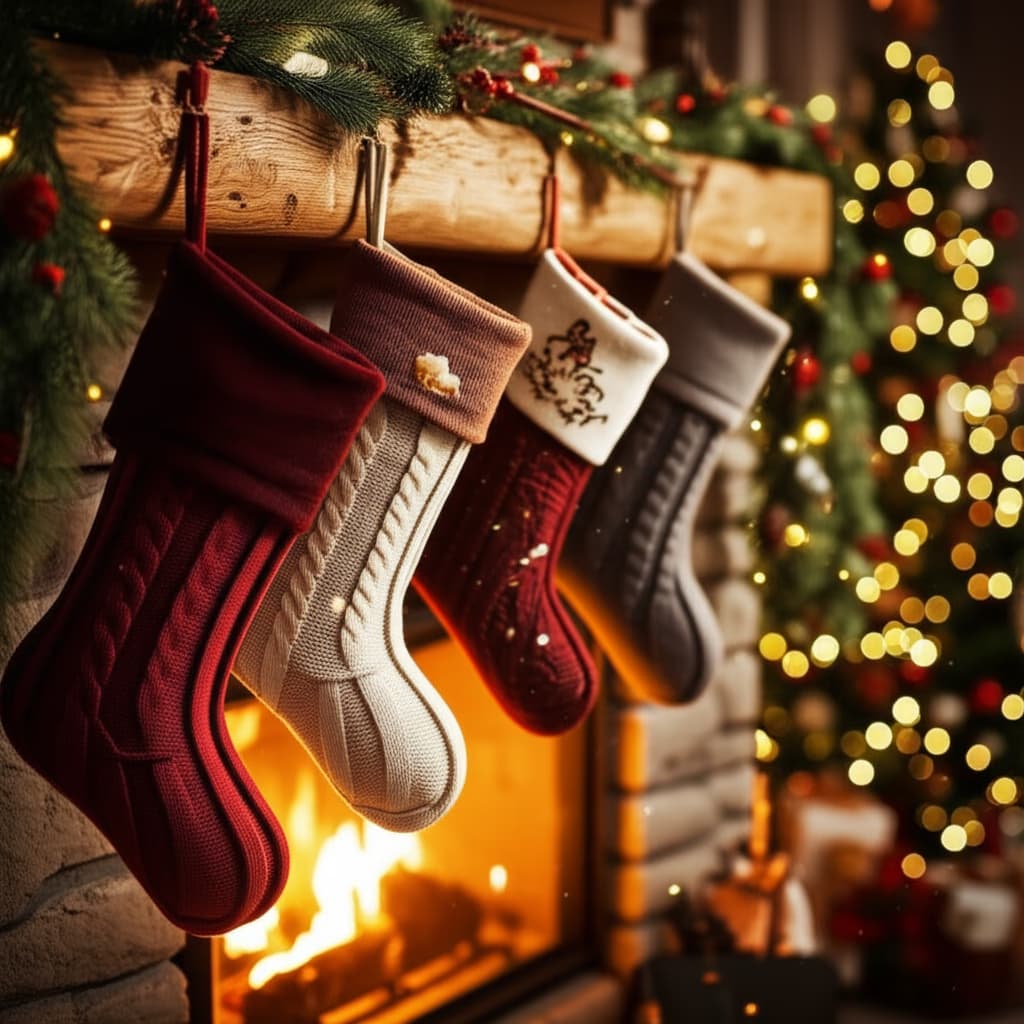 Five personalized Christmas stockings in various textures (knitted, velvet) hanging from a rustic wooden mantelpiece above a glowing stone fireplace, adorned with festive garland and warm lights.