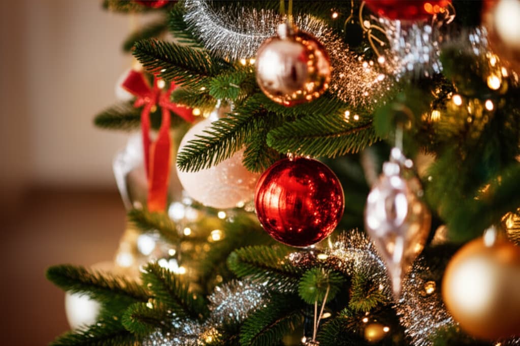 A beautifully decorated natural Christmas tree featuring sparkling ornaments, warm lights, and festive tinsel, showcasing elegant holiday decorations.