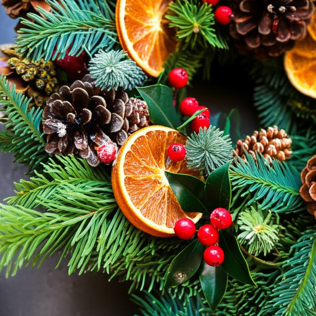 A close-up of a festive Christmas wreath design featuring natural pine branches, bright red berries, and frosted pinecones, perfect for holiday decoration.