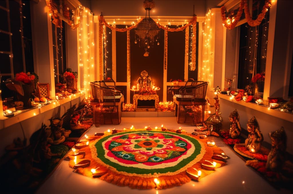 Beautiful Diwali home decoration with glowing traditional diyas, modern string lights, vibrant rangoli, and fresh marigold flowers, creating a festive ambiance.