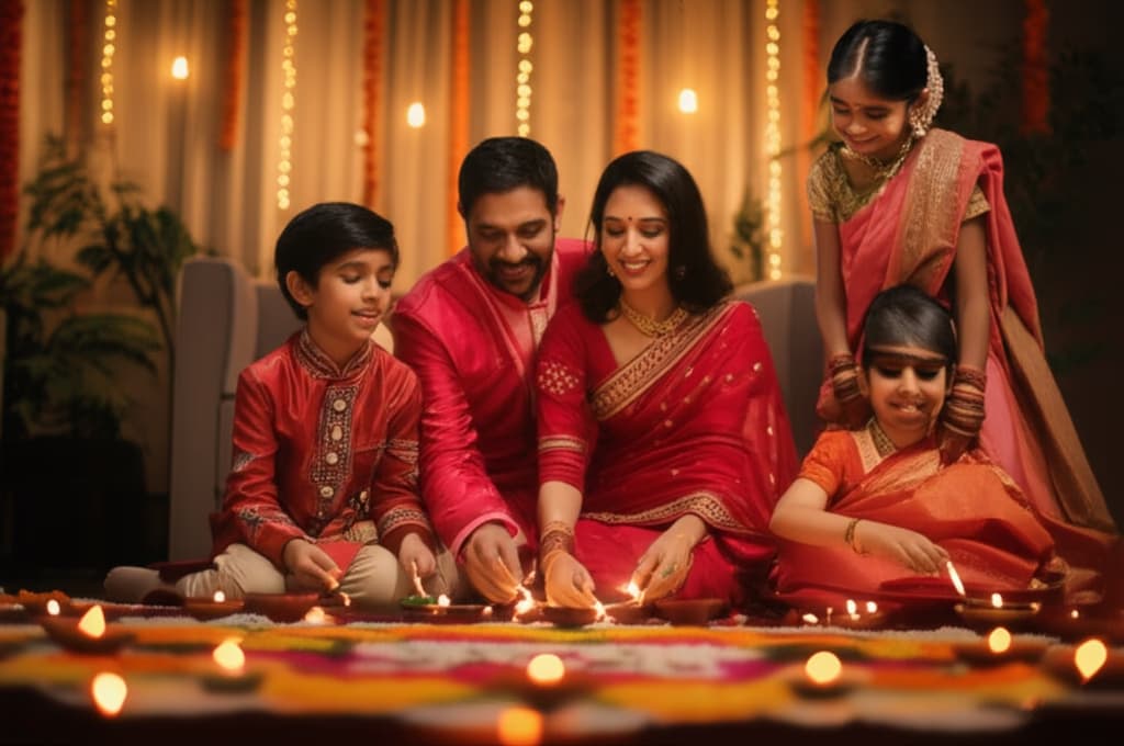 An Indian family smiling and celebrating Diwali together, dressed in traditional attire, surrounded by lit diyas and festive decorations. Authentic Diwali celebration family picture.