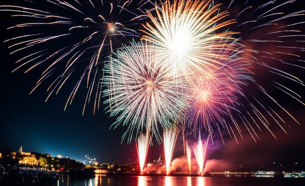 Ultra high-quality, realistic image of a breathtaking Diwali fireworks display illuminating the night sky with vibrant colors and intricate light patterns, set against a blurred city background.