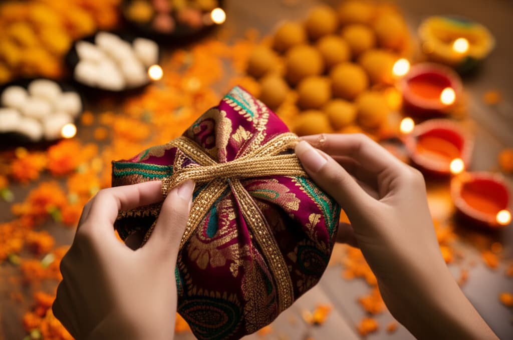 Close-up of hands elegantly wrapping a Diwali gift in vibrant, traditional Indian patterned silk fabric with golden ribbons, surrounded by festive decorations like glowing diyas and marigold petals, showcasing festive gift packaging.