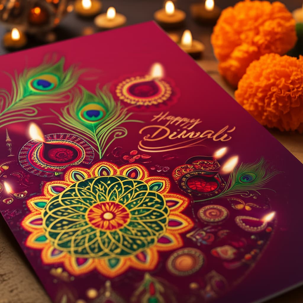 Beautiful Diwali greeting card featuring traditional diyas, vibrant rangoli patterns, and festive lights, perfect for sending Happy Diwali wishes to friends and family during the Festival of Lights.
