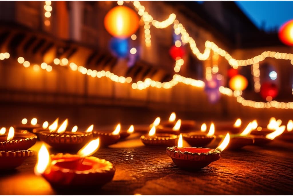 Vibrant Diwali lights display featuring traditional diyas, twinkling fairy lights, and colorful lanterns illuminating an Indian home during the festival.