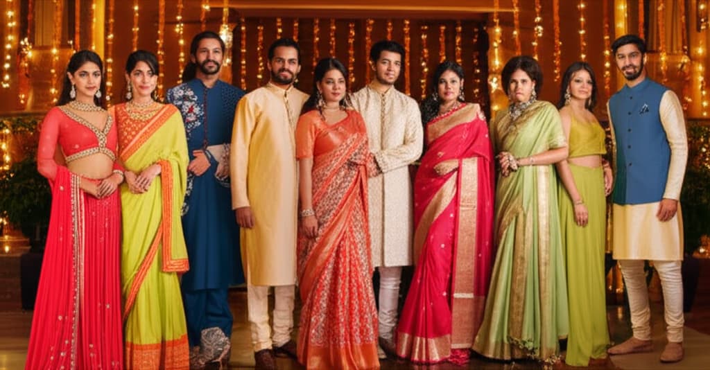 A group of diverse models elegantly dressed in various traditional and contemporary Indian outfits, showcasing Diwali outfit ideas for men and women, featuring vibrant colors, intricate embroidery, and festive accessories.