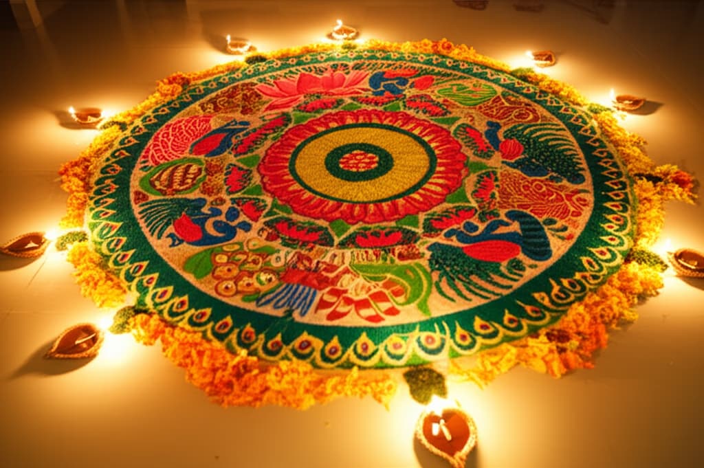Intricate and colorful traditional Diwali rangoli design made with powdered colors and flower petals, surrounded by lit diyas, showcasing festive Indian floor art for the festival of lights.