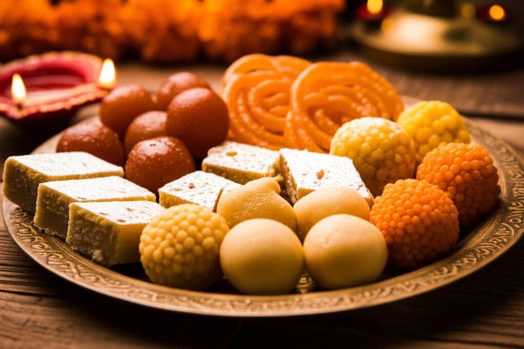 A vibrant, traditional Diwali sweets platter showcasing an assortment of Indian desserts like ladoo, barfi, gulab jamun, and jalebi, beautifully arranged for festive celebrations.
