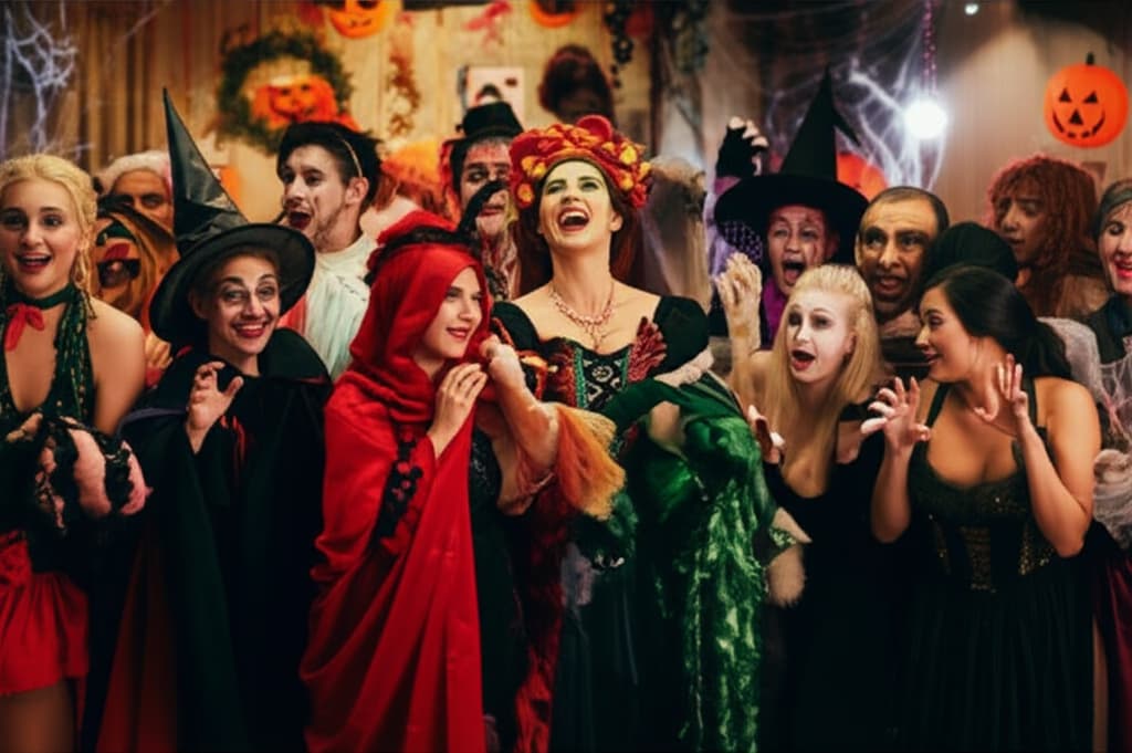 Ultra-high quality realistic photo of a Halloween costume contest, showcasing diverse participants in highly detailed and creative spooky, fantasy, and pop culture costumes on stage, with an excited audience.
