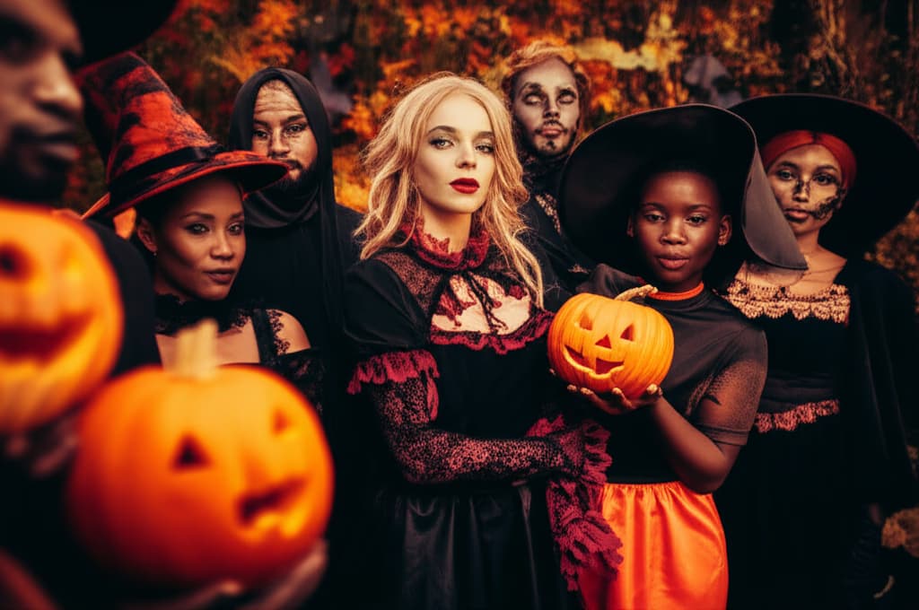 A diverse group of people dressed in various creative and ultra-realistic Halloween costume ideas, showcasing intricate details, natural expressions, and festive autumn backdrop.
