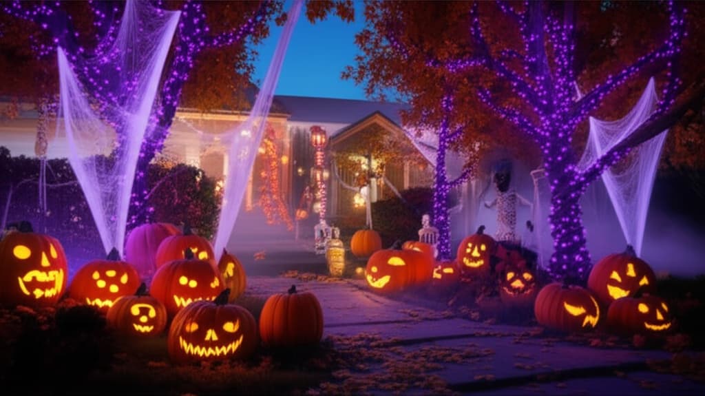 Front yard illuminated with elaborate outdoor Halloween decorations at night, featuring glowing carved pumpkins, spiderwebs, skeletal figures, purple and orange lights, and spooky props creating a festive, haunted atmosphere.