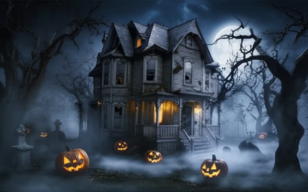Ultra-realistic image of a spooky Halloween haunted house, a dilapidated Victorian mansion at night with eerie lighting, fog, jack-o'-lanterns, and gnarled trees, perfect for a haunting atmosphere.