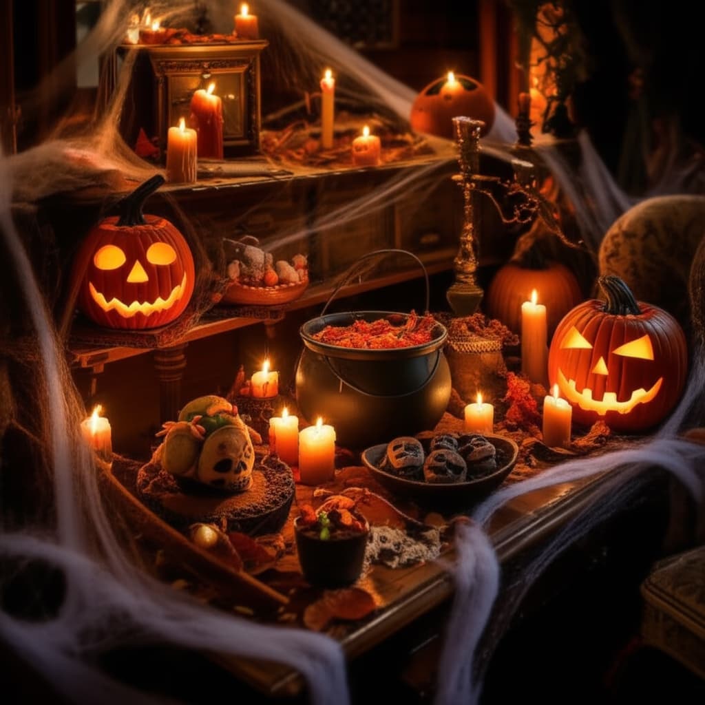 Realistic Halloween party setup featuring spooky decorations, jack-o'-lanterns, haunted house props, and a table laden with Halloween-themed food and drinks, perfect for a home party.