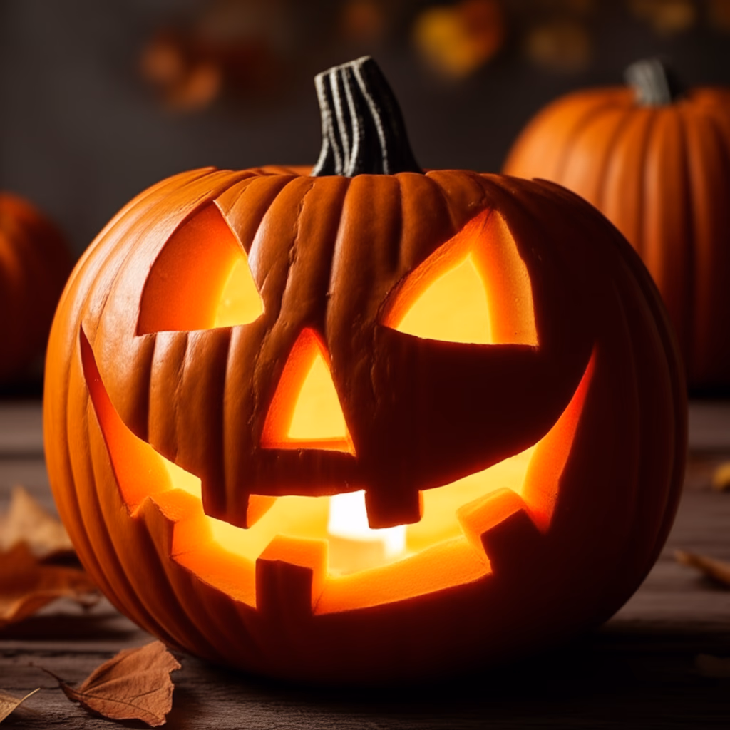 A perfectly carved glowing Halloween jack-o'-lantern with a spooky face, showcasing intricate details and warm light, ready for festive autumn decor.