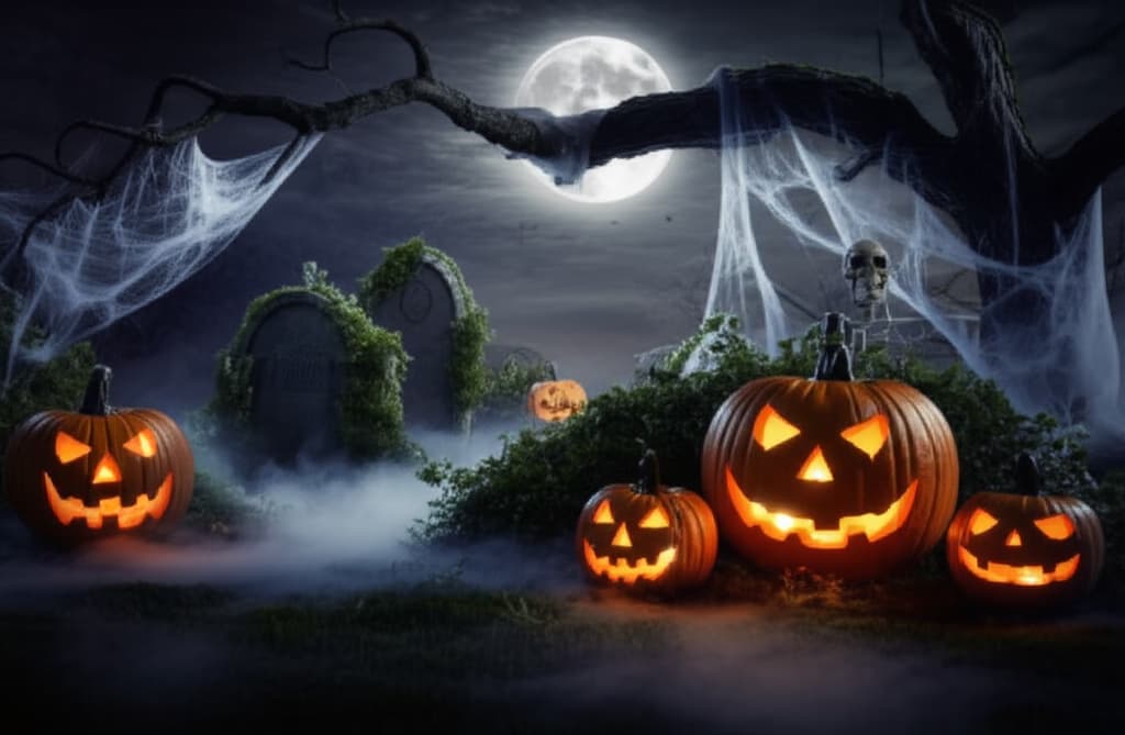 A front yard heavily decorated with spooky Halloween decorations including glowing jack-o'-lanterns, realistic skeletons, ghost figures, and eerie cobwebs, creating a haunted house effect.