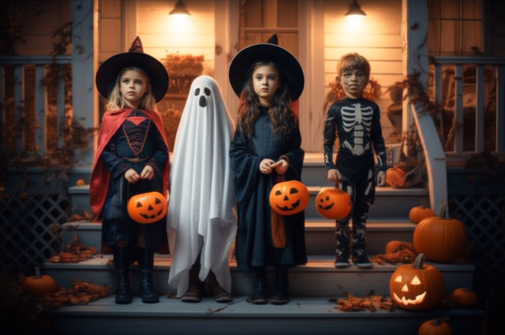 A realistic, high-quality image of diverse children in detailed Halloween costumes trick-or-treating on a porch with glowing Jack-o'-lanterns and autumn leaves.