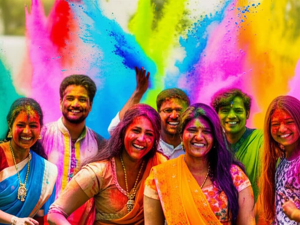 Vibrant Holi celebration in India, showing people throwing colorful gulal powder and water, capturing joy and laughter. Authentic, high-quality photos of the Indian festival of colors.