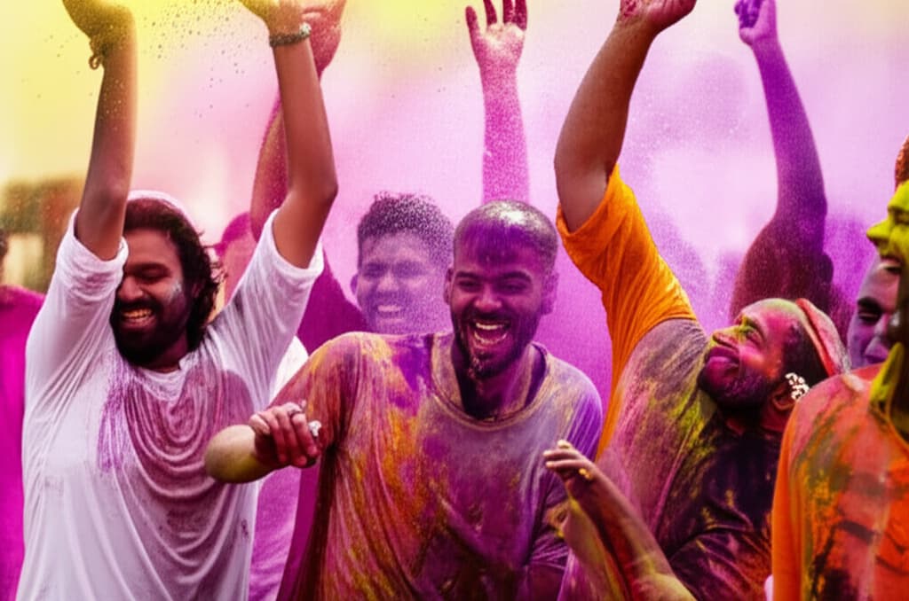 Group of diverse people joyfuly participating in a vibrant Holi color fight, throwing powdered gulal and water at each other, with expressions of pure happiness and vivid colors splashing in the air during the traditional Indian festival.