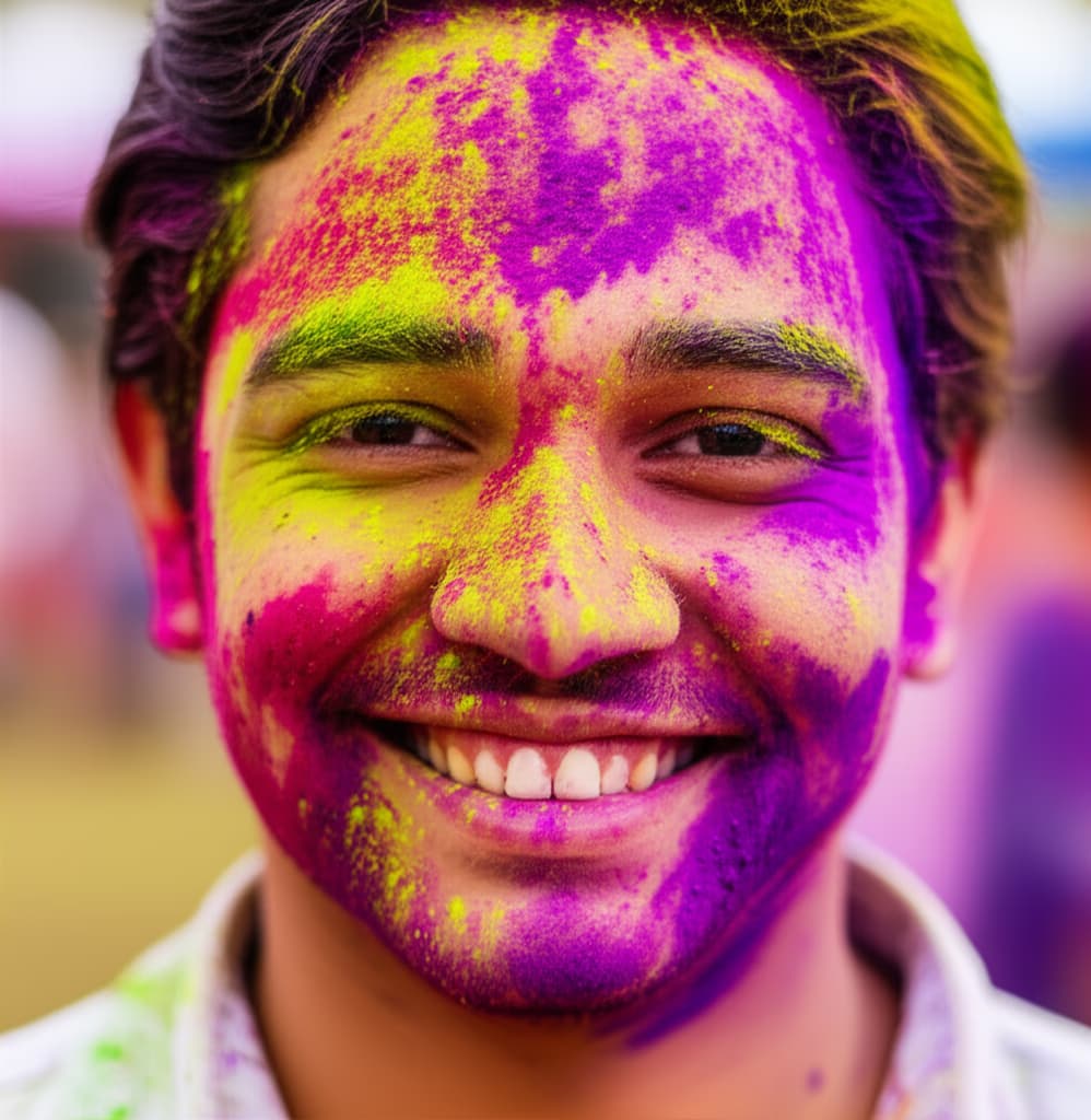 Close-up of a person with colorful Holi face painting, depicting vibrant powdered colors and a joyful expression, celebrating the festival of colors.