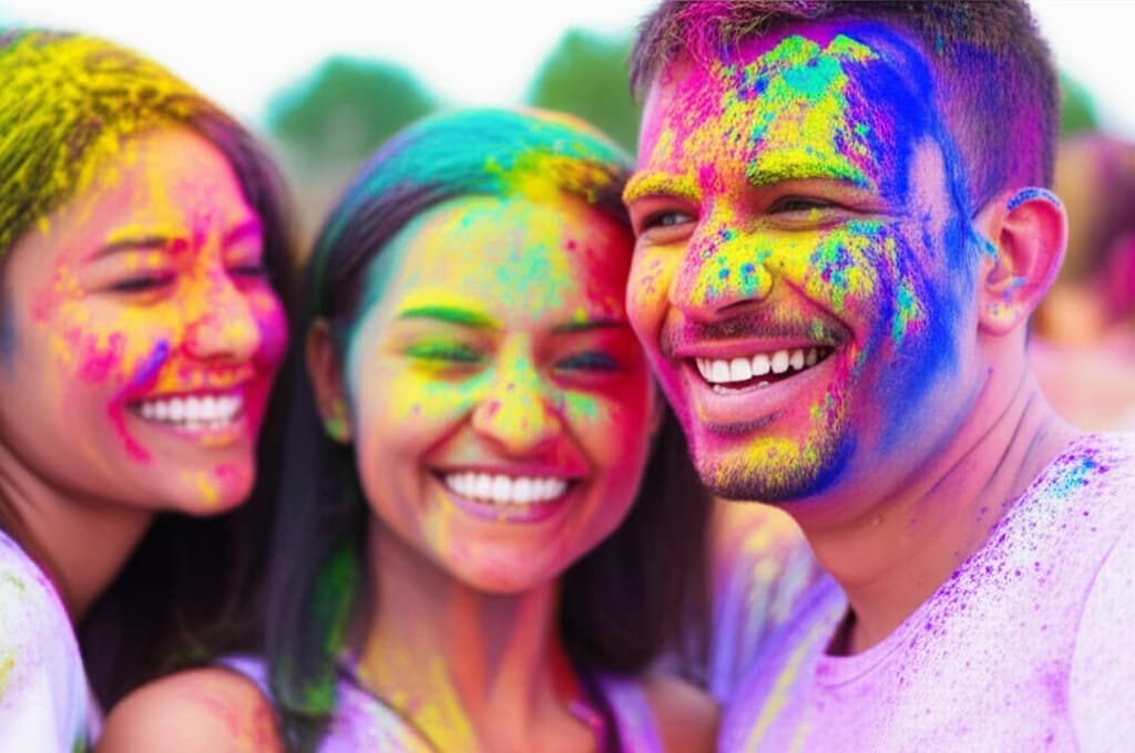 A group of joyful people celebrating Holi festival, covered in vibrant powdered colors (gulal) with natural expressions, showcasing the spirit of the Indian festival of colors.