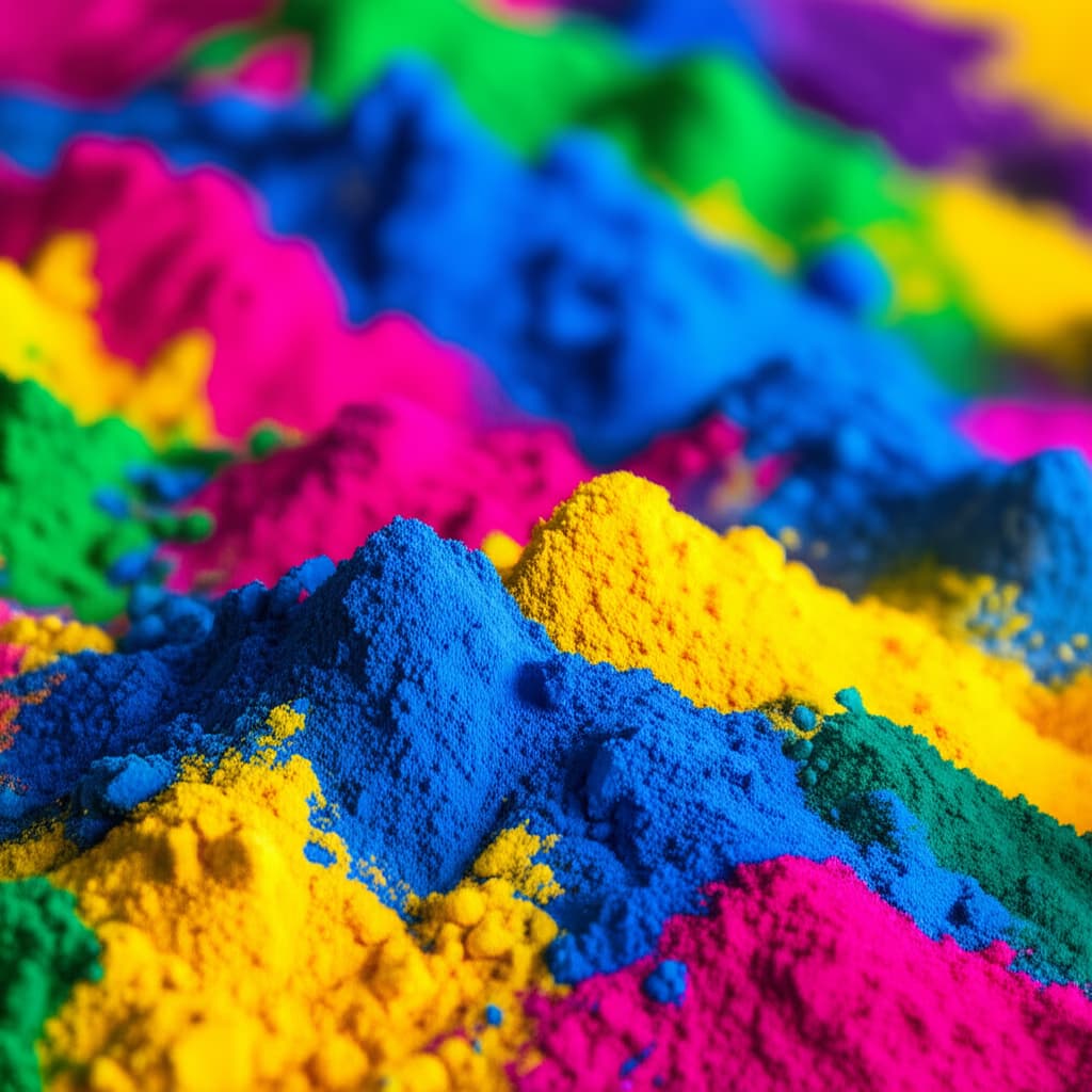 Close-up of vibrant, finely textured Holi gulal powder in multiple colors like pink, yellow, blue, and green, depicting the festive spirit of the Indian Holi festival.