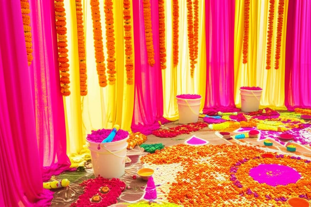 Colorful Holi party decorations featuring vibrant drapes, marigold garlands, and buckets of gulal, set up for a festive celebration.