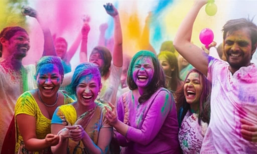 Joyful people covered in vibrant Gulal powder celebrating the traditional Holi Spring Festival in India, with colorful water splashes and happy expressions.