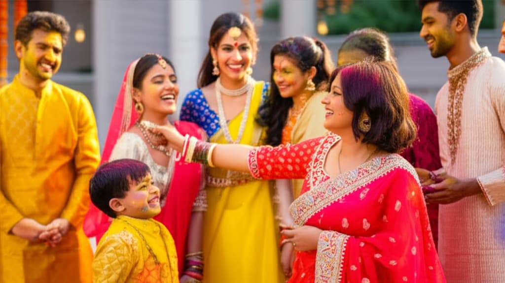 Group of people celebrating Holi, dressed in vibrant traditional Indian outfits including colorful sarees, kurtas, and salwar kameez, with gulal powder on their faces. High-quality realistic image showcasing ethnic wear for the Hindu festival of colors.
