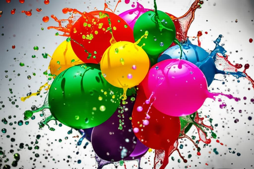 Colorful water balloons bursting during a joyful Holi festival celebration, showing vibrant water splashes and the playful spirit of the Indian festival of colors.