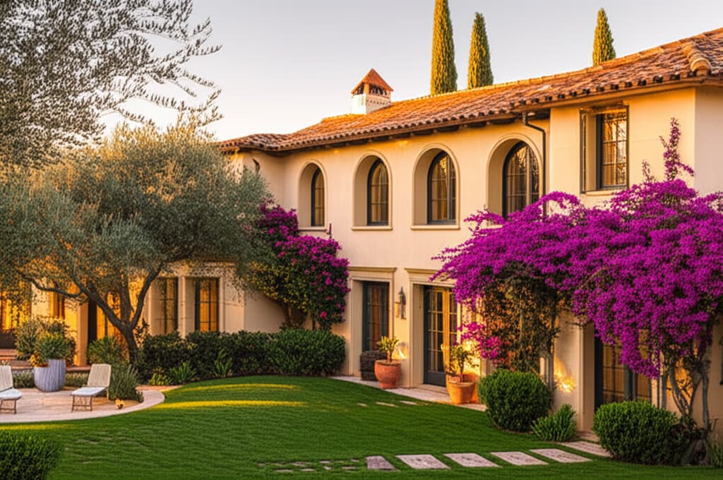 Exterior view of a stunning Mediterranean house design with white stucco walls, red terracotta roof tiles, arched windows, and a vibrant garden, showcasing classic Mediterranean architecture.
