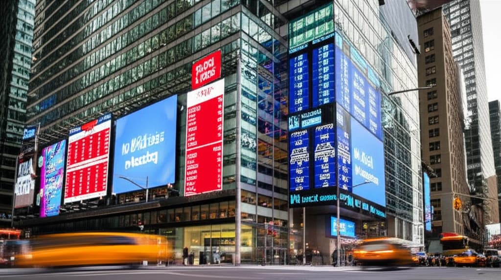 Ultra-high quality realistic image of the NASDAQ MarketSite building in Times Square, showcasing vibrant real-time stock market data on its iconic LED screens, symbolizing global financial technology and innovation.