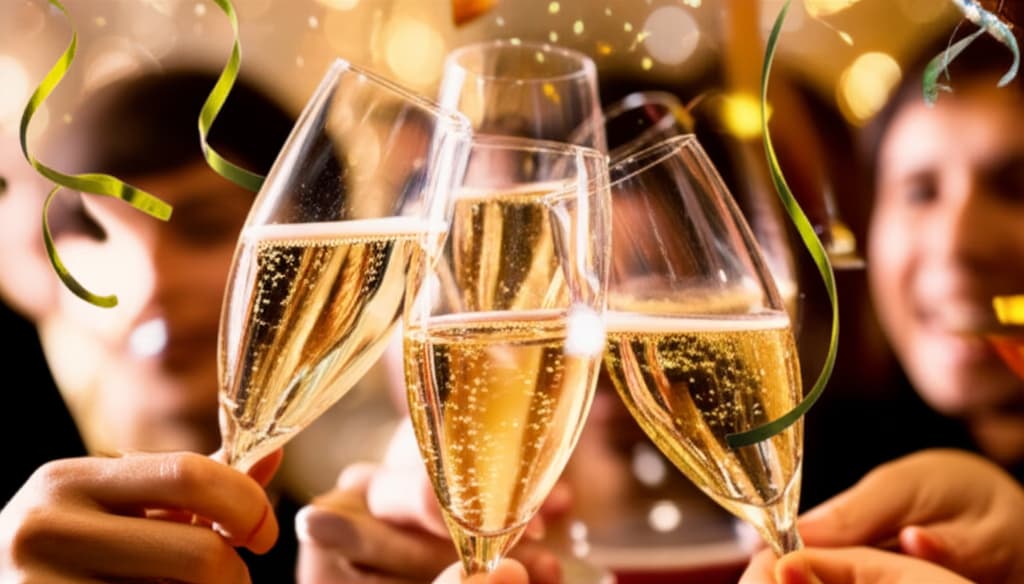 Close-up of sparkling champagne flutes clinking together during a festive New Year's Eve celebration, with blurry festive lights in the background.