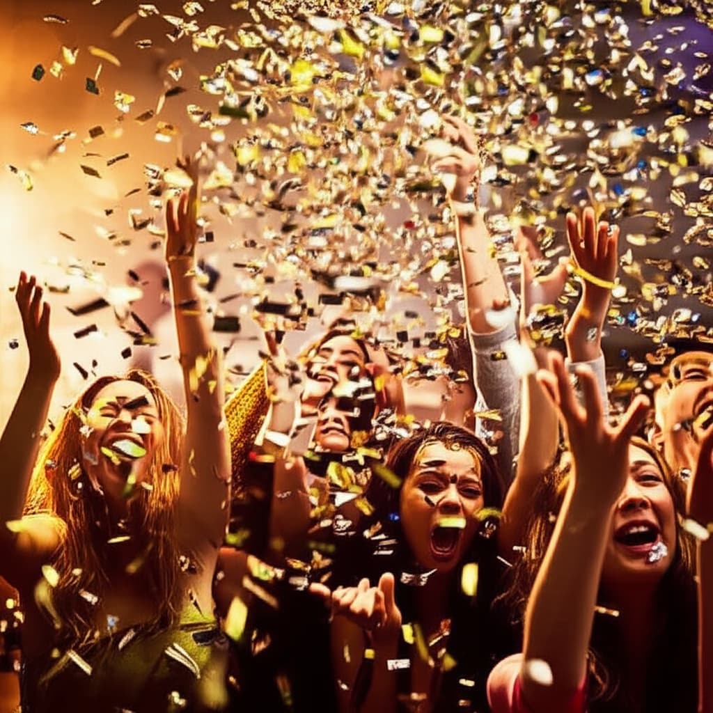 Joyful crowd celebrating New Year's Eve with gold and silver confetti falling, illuminated by festive lights. Captures the vibrant energy of a new year party.