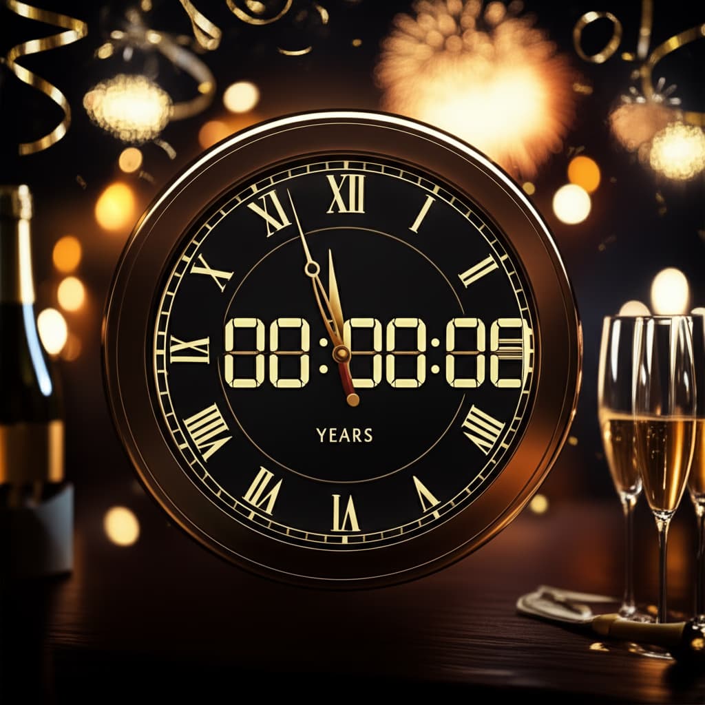 Realistic New Year countdown clock showing midnight (00:00:00) with a festive background of bokeh lights and celebration elements. High-quality image for new year events.