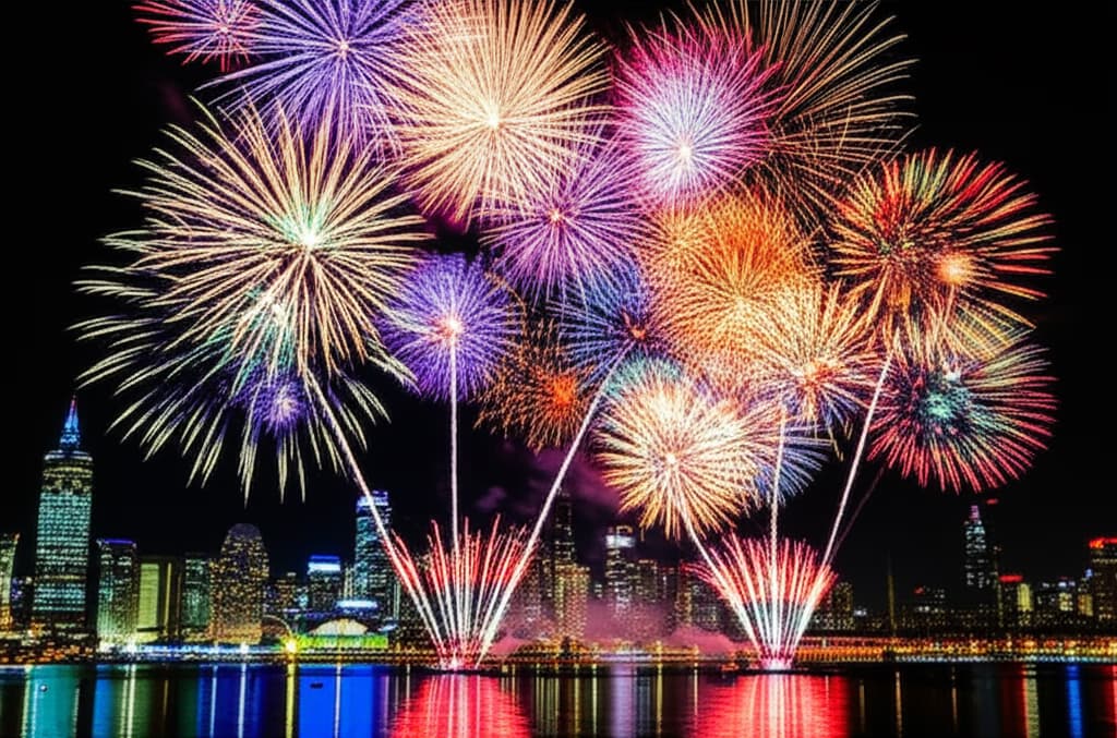 Spectacular New Year's Eve fireworks display over a city skyline reflecting in water, showcasing vibrant colors and celebration.