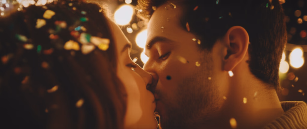 A couple sharing a romantic New Year's midnight kiss with soft, festive lighting and blurred fireworks in the background, symbolizing love and celebration at the start of a new year.