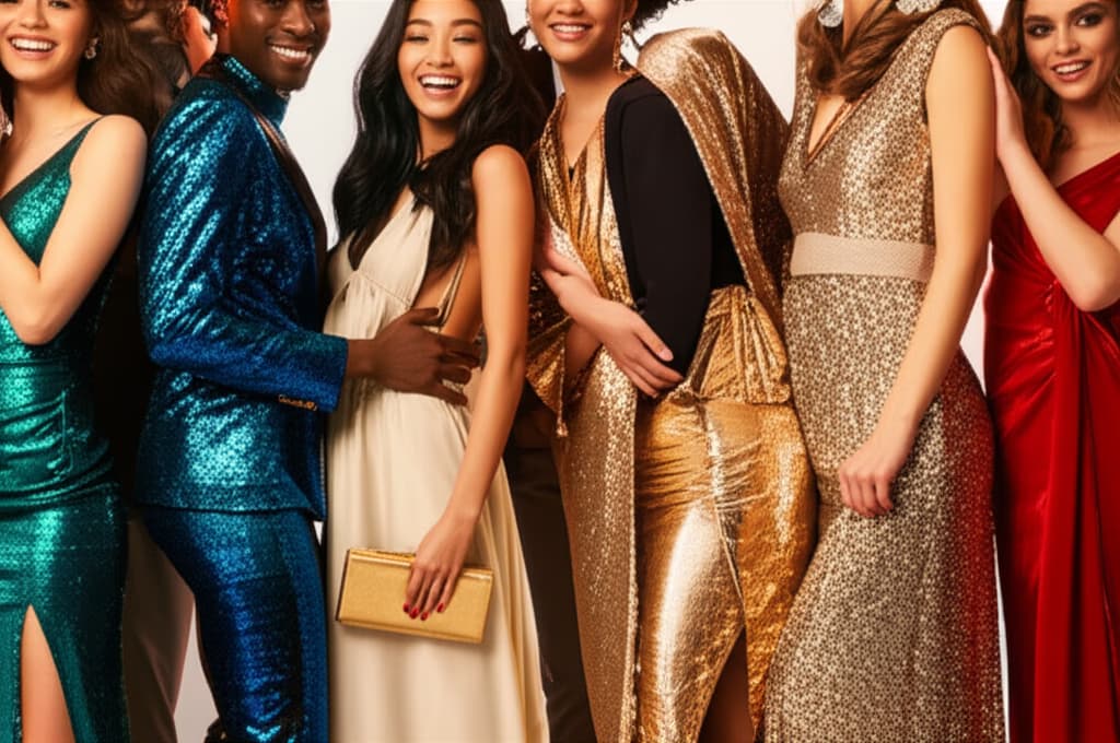 Diverse group of people in stylish New Year's Eve party outfits, including a woman in a sequin dress, a man in a velvet suit, and others in festive attire, celebrating with natural, happy expressions. Emphasizes modern, high-quality fashion for holiday celebrations.
