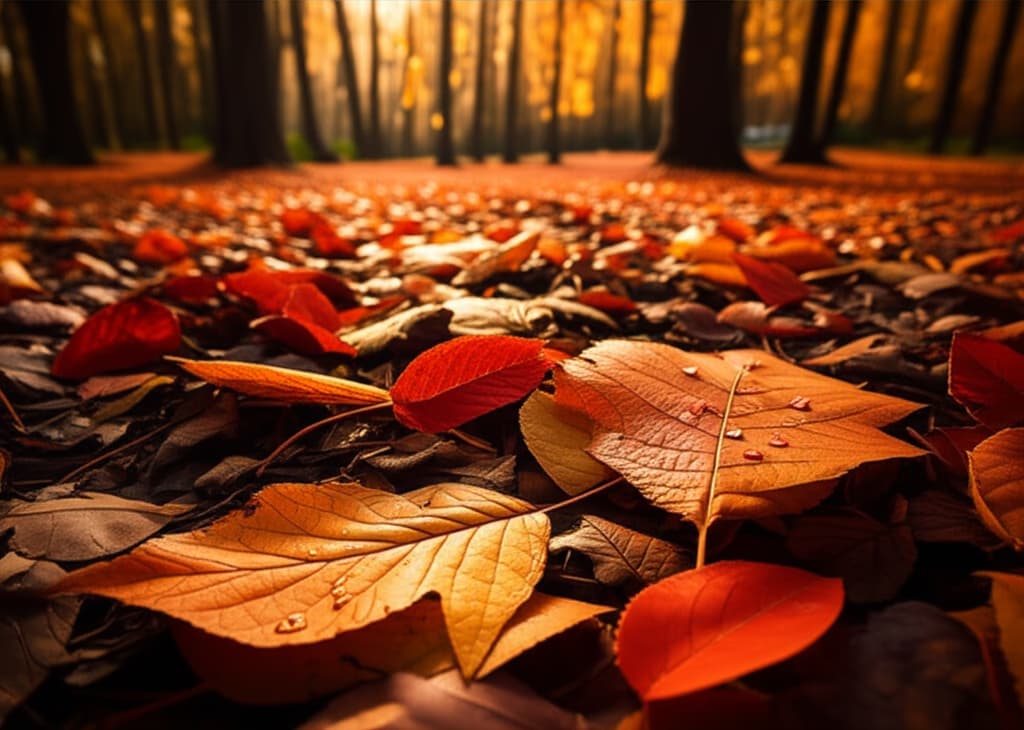 Close-up of vibrant Thanksgiving autumn leaves in rich reds, oranges, and yellows covering a forest floor, bathed in warm golden hour sunlight.