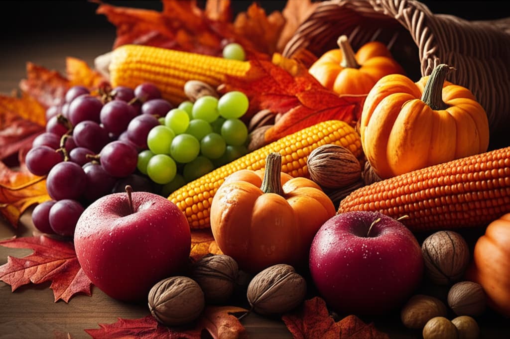Realistic Thanksgiving cornucopia overflowing with pumpkins, gourds, corn, fruits, nuts, and fall leaves, symbolizing autumn abundance and harvest.