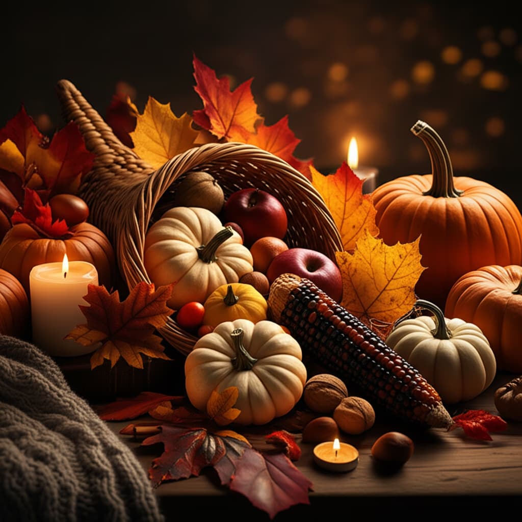 A beautiful arrangement of Thanksgiving fall decorations featuring vibrant pumpkins, colorful autumn leaves, and rustic accents on a table, creating a warm and inviting festive atmosphere for the holiday season.